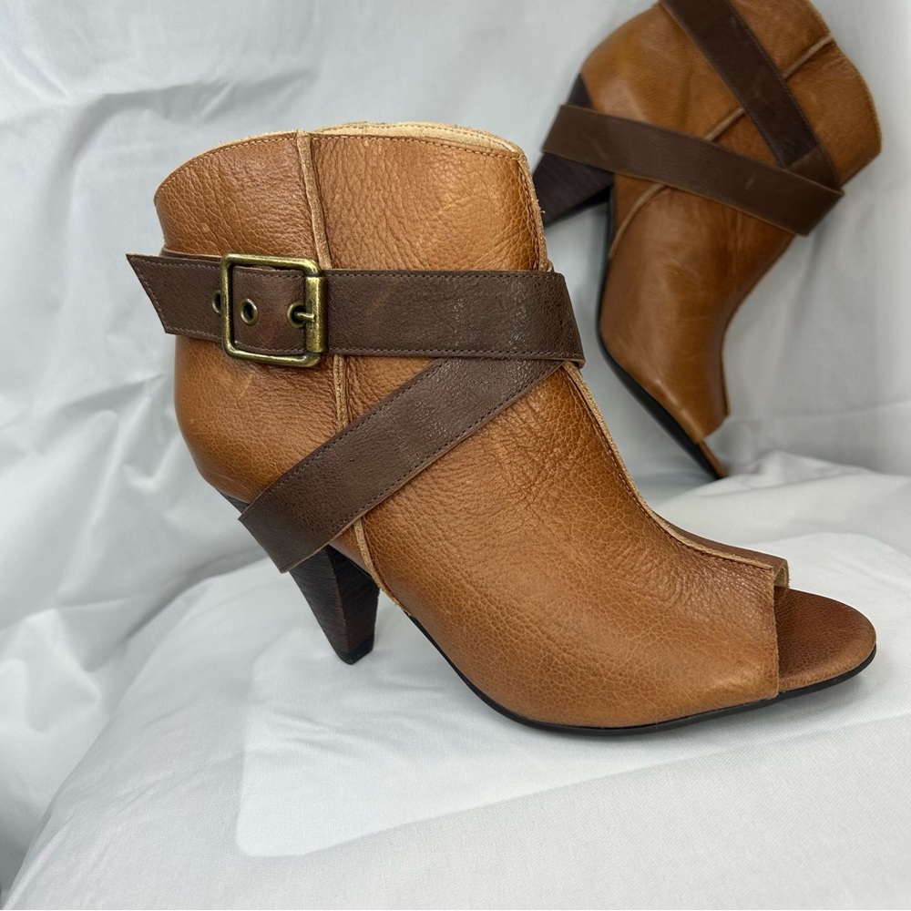 Arricci Women’s Sz 6.5 Brown Leather Ankle Boots Peep-toe Heeled Booties